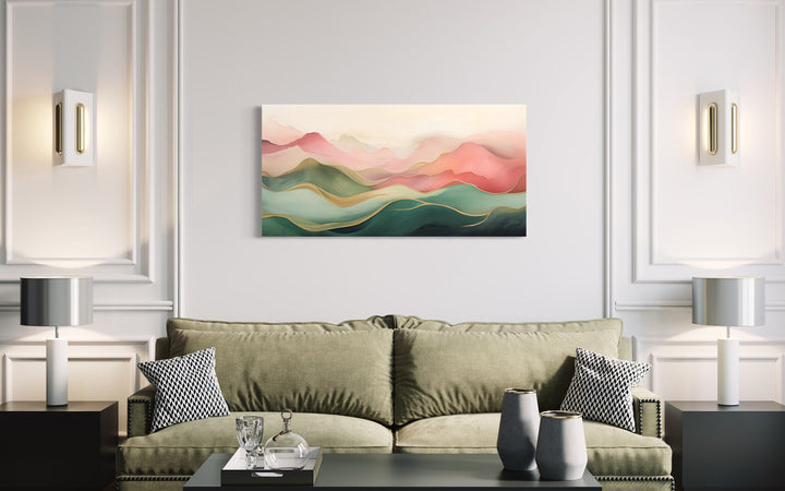 Abstract Mountain Wall Art - Framed Canvas Print With Soft Blush Pink Green Palette