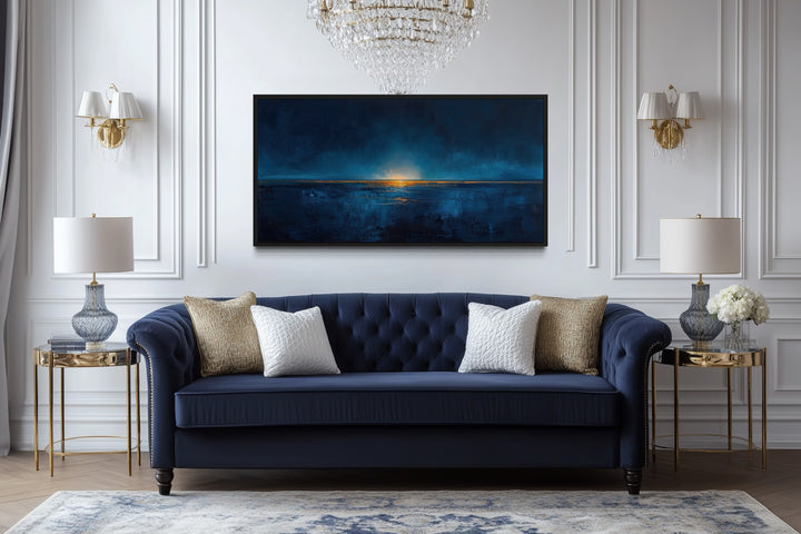 Abstract Navy Blue Gold Calm Ocean Painting Framed Canvas Wall Art