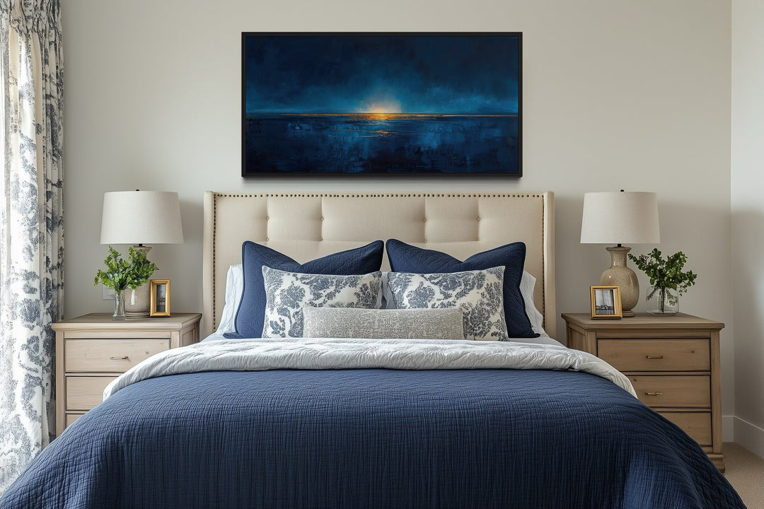 Abstract Navy Blue Gold Calm Ocean Painting Framed Canvas Wall Art