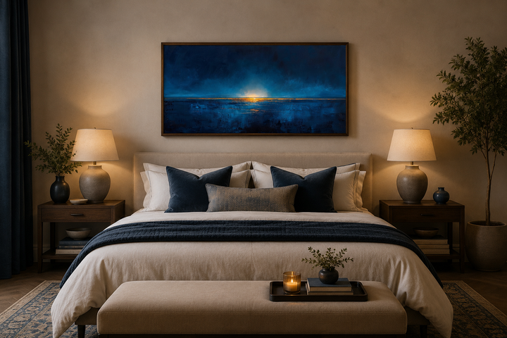 Abstract navy blue and gold ocean painting in a dark wood frame above a bed with blue pillows.