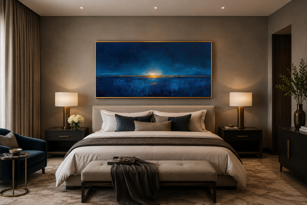 Abstract navy blue and gold ocean painting in a gold frame hanging above a bed in a modern bedroom.