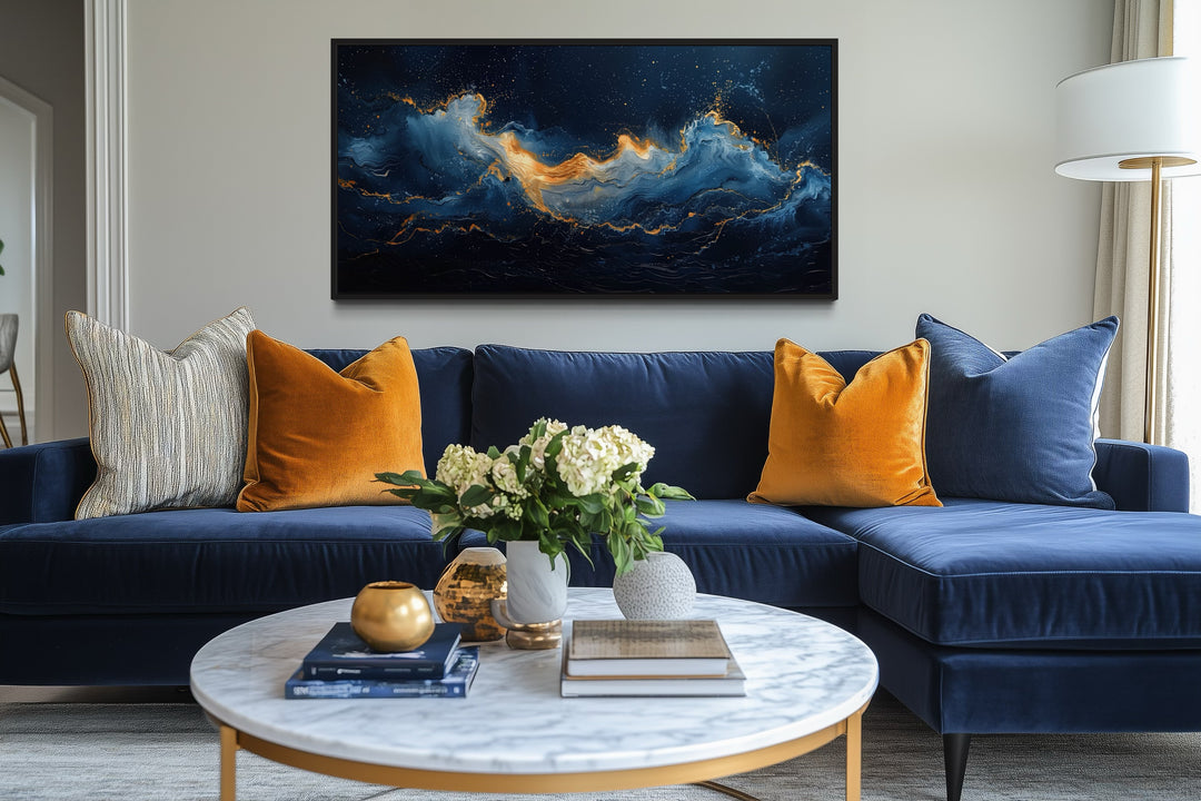 Abstract Navy Blue Gold Ocean Wave Framed Canvas Wall Art