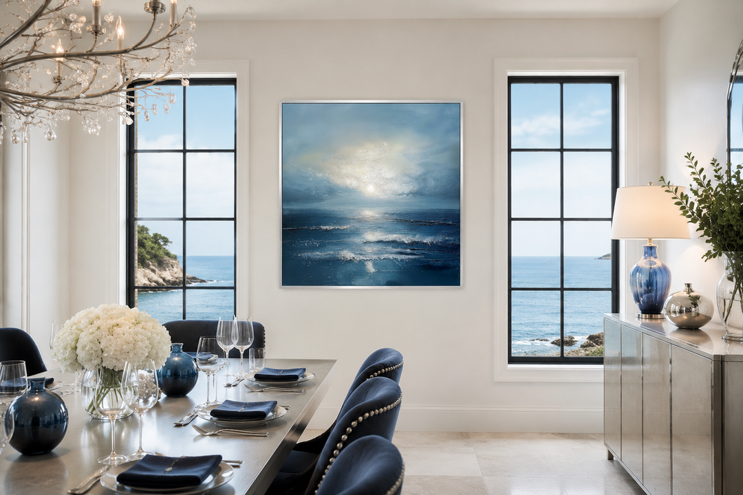 Abstract ocean blue and grey coastal framed canvas wall art hanging in a modern dining room.