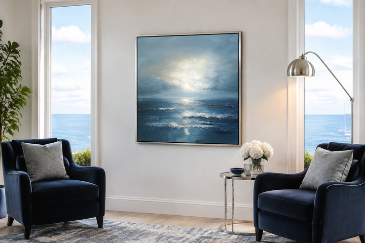 Abstract ocean blue and grey coastal framed canvas wall art hanging in a modern living room.