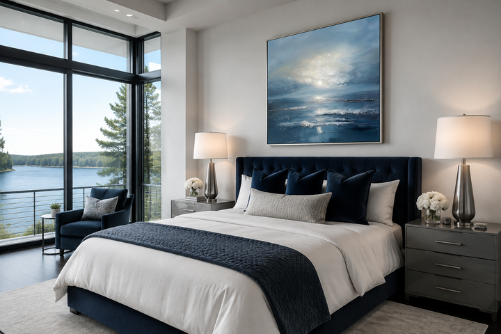 Abstract ocean blue and grey coastal framed canvas wall art hanging above a navy blue bed.