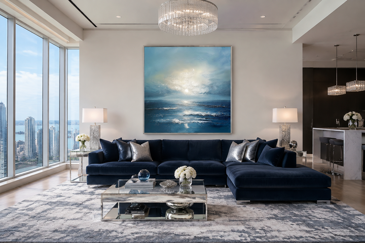 Large square framed abstract canvas art of a blue and grey ocean scene above a navy velvet sofa.