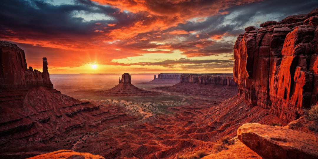Vibrant sunset over Monument Valley with red rock buttes and a dramatic orange and blue sky.