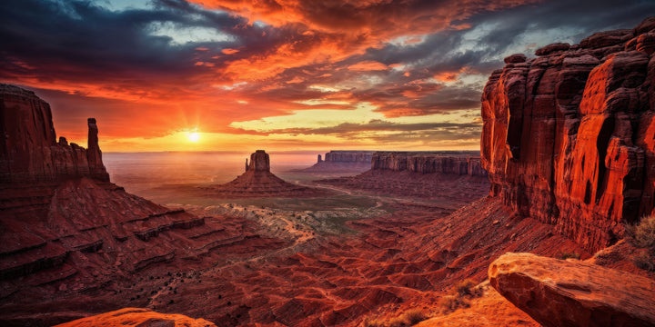 Vibrant sunset over Monument Valley with red rock buttes and a dramatic orange and blue sky.