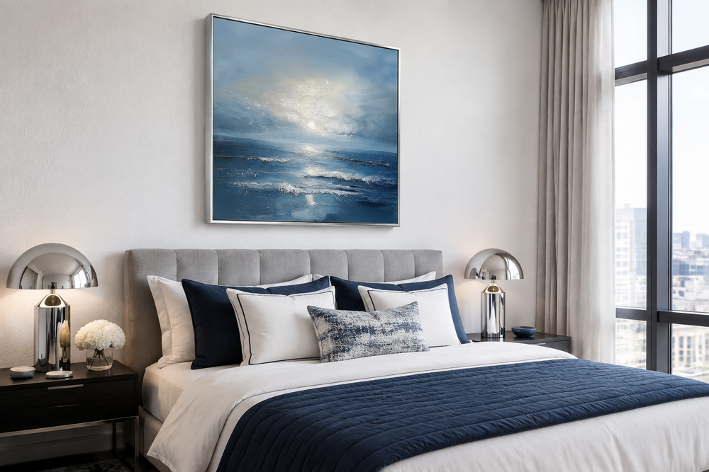 Abstract ocean blue and grey coastal framed canvas wall art hanging above a modern bed.