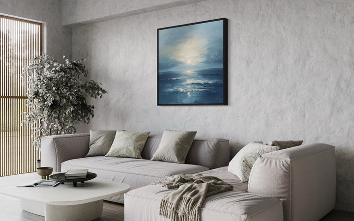 Abstract Ocean Blue Grey Coastal Framed Canvas Wall Art