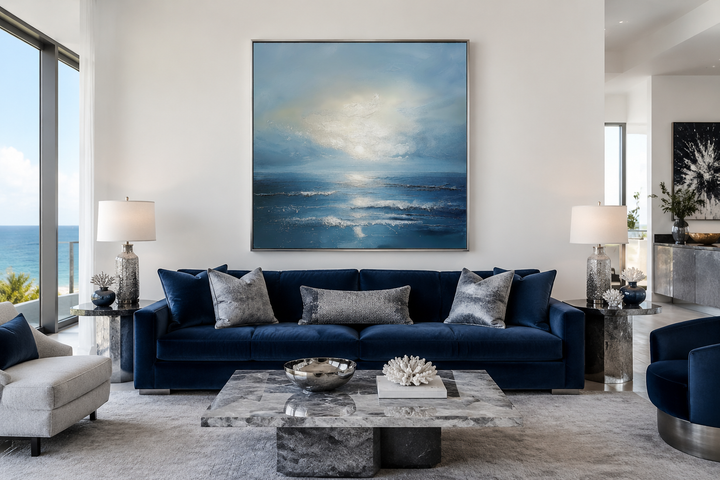 Square framed abstract canvas wall art featuring a blue and grey coastal ocean wave scene.