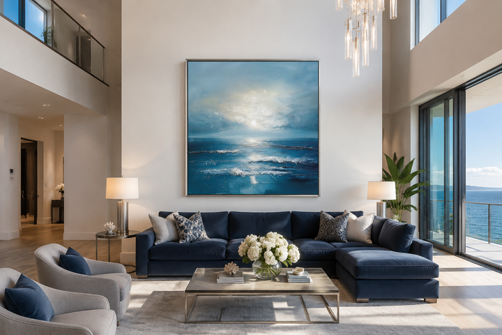 Large square framed abstract ocean painting in blue and grey above a navy sofa in a modern room.