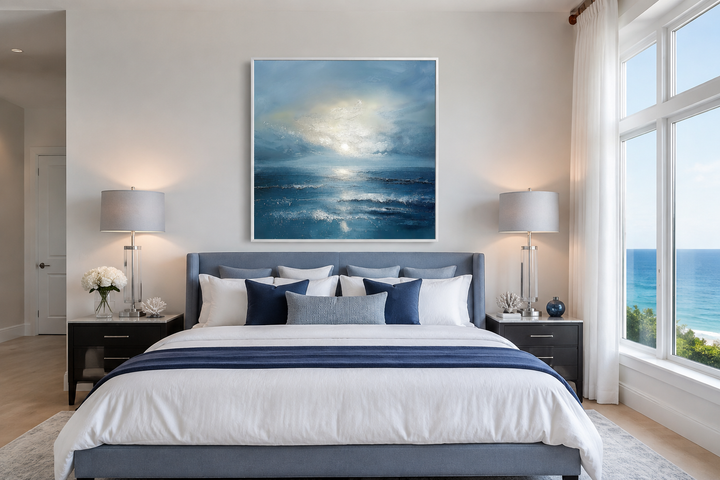 Abstract ocean blue and grey coastal framed canvas wall art hanging above a bed in a bedroom.