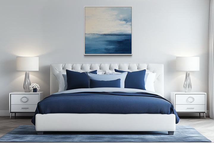 Abstract Ocean Grey Silver Navy Blue Square Framed Canvas Wall Art