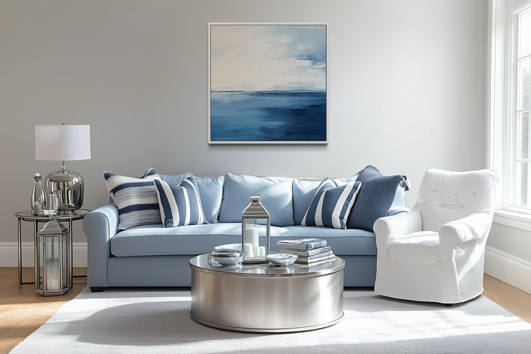 Abstract Ocean Grey Silver Navy Blue Square Framed Canvas Wall Art