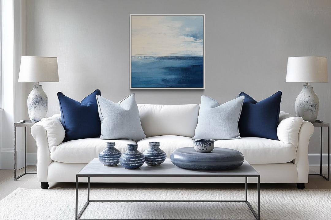 Abstract Ocean Grey Silver Navy Blue Square Framed Canvas Wall Art