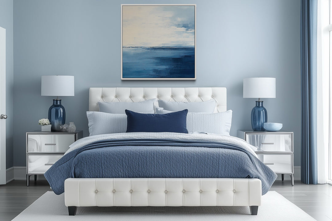 Abstract Ocean Grey Silver Navy Blue Square Framed Canvas Wall Art