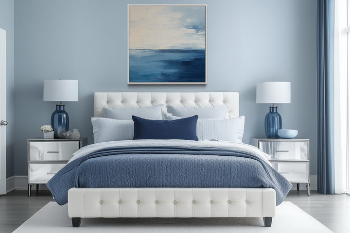 Abstract Ocean Grey Silver Navy Blue Square Framed Canvas Wall Art