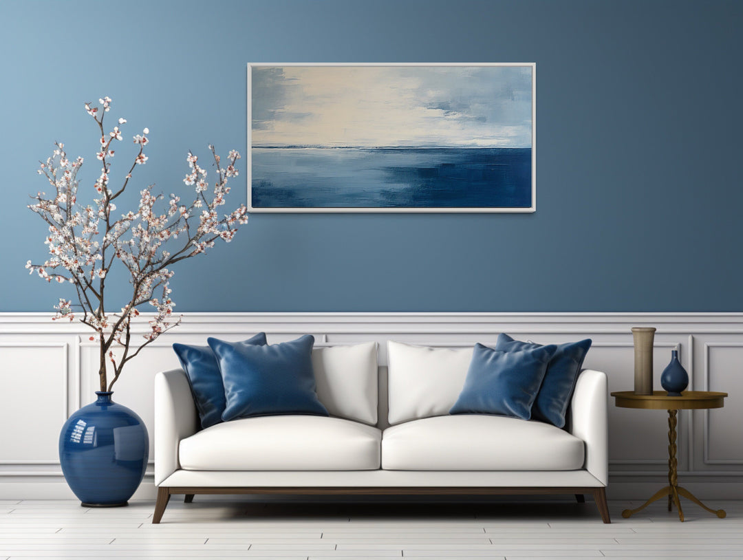 Abstract Ocean Navy Blue Grey Framed Canvas Wall Art