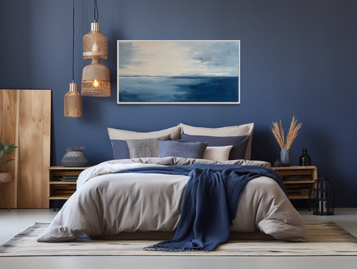 Abstract Ocean Navy Blue Grey Framed Canvas Wall Art