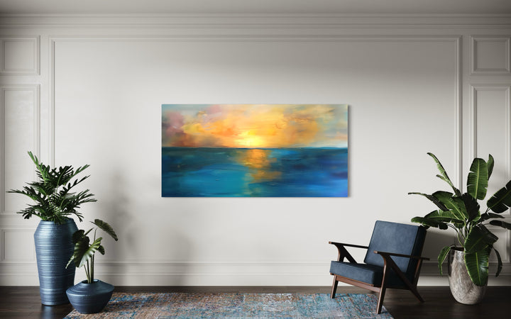 Abstract Ocean Sunset Art – Extra Large Framed Canvas | Navy Gold Wall Decor