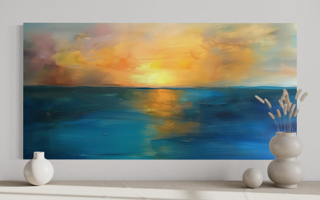 Abstract Ocean Sunset Art – Extra Large Framed Canvas | Navy Gold Wall Decor