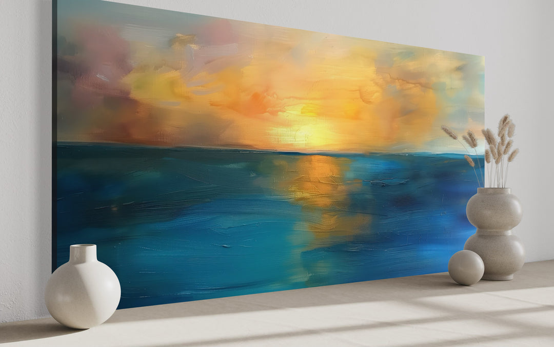 Abstract Ocean Sunset Art – Extra Large Framed Canvas | Navy Gold Wall Decor