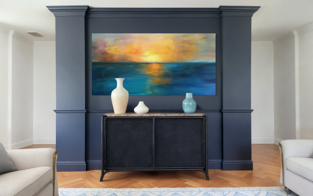 Abstract Ocean Sunset Art – Extra Large Framed Canvas | Navy Gold Wall Decor