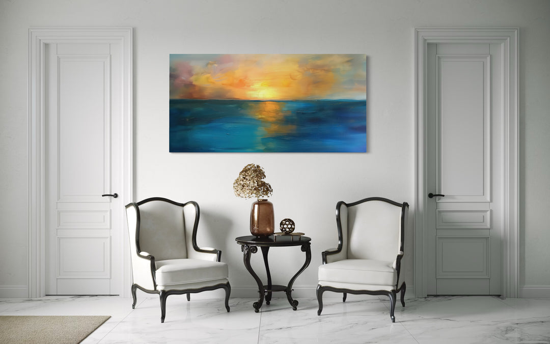 Abstract Ocean Sunset Art – Extra Large Framed Canvas | Navy Gold Wall Decor