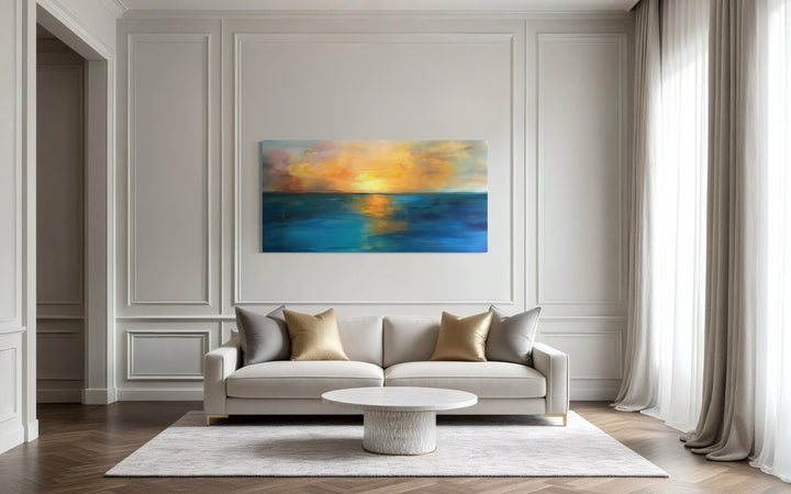 Abstract Ocean Sunset Art – Extra Large Framed Canvas | Navy Gold Wall Decor