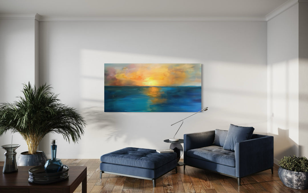 Abstract Ocean Sunset Art – Extra Large Framed Canvas | Navy Gold Wall Decor