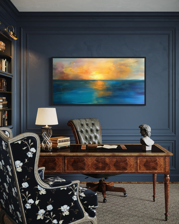 Abstract Ocean Sunset Art – Extra Large Framed Canvas | Navy Gold Wall Decor