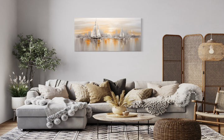 Abstract Sail Boats In Ocean Silver Gold Coastal Framed Canvas Wall Art