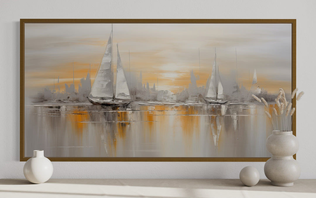 Abstract Sail Boats In Ocean Silver Gold Coastal Framed Canvas Wall Art