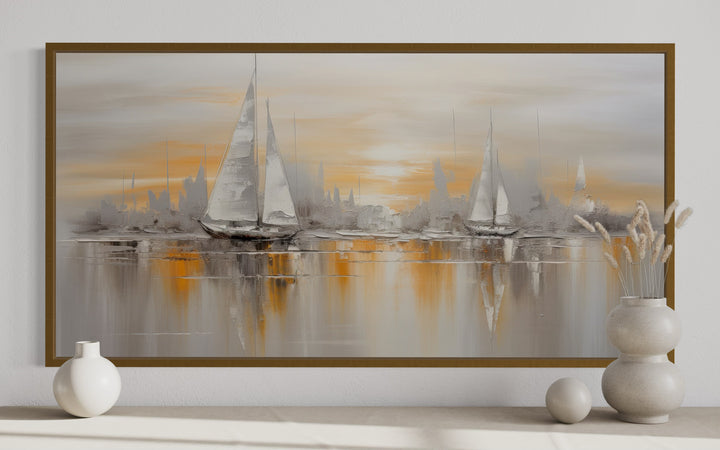 Abstract Sail Boats In Ocean Silver Gold Coastal Framed Canvas Wall Art