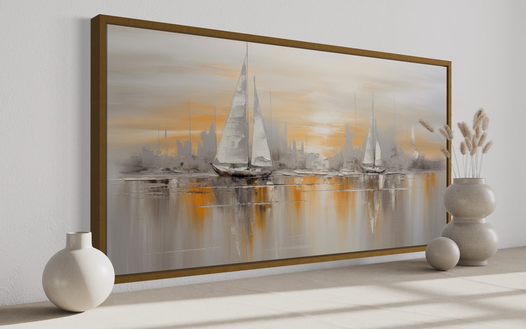 Abstract Sail Boats In Ocean Silver Gold Coastal Framed Canvas Wall Art