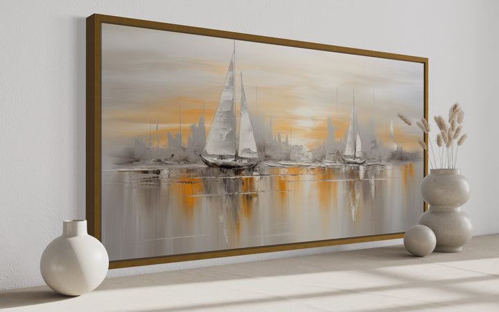 Abstract Sail Boats In Ocean Silver Gold Coastal Framed Canvas Wall Art