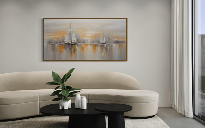 Abstract Sail Boats In Ocean Silver Gold Coastal Framed Canvas Wall Art
