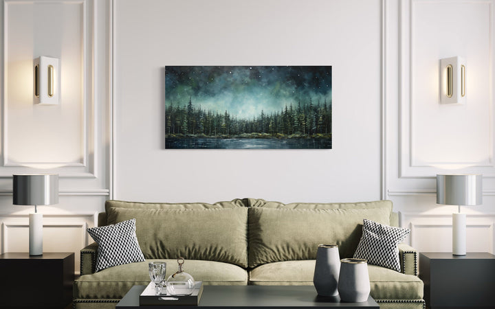 Abstract Starry Sky Over Sage Green Fir Forest And Lake Framed Nature Wall Art