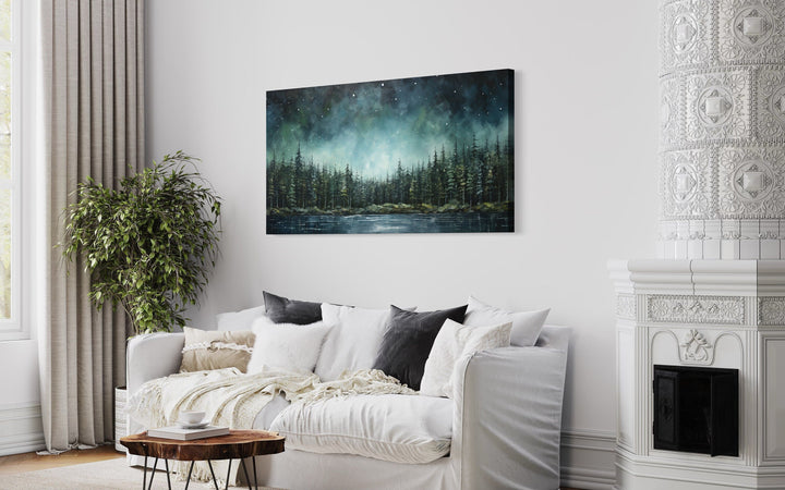 Abstract Starry Sky Over Sage Green Fir Forest And Lake Framed Nature Wall Art