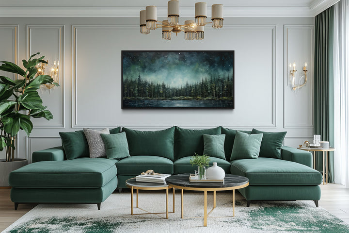 Abstract starry sky over a green fir forest and tranquil lake canvas wall art in a modern room.
