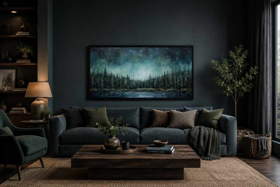 Abstract starry sky over a green fir forest and tranquil lake canvas wall art in a dark living room.