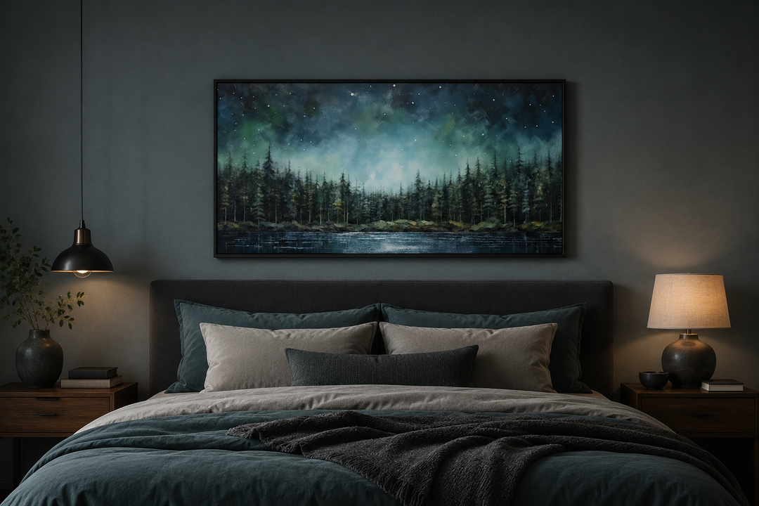 Abstract starry sky over a green fir forest and tranquil lake canvas art above a bed.