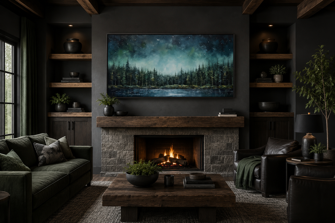 Abstract starry sky over a green fir forest and tranquil lake canvas art above a stone fireplace.