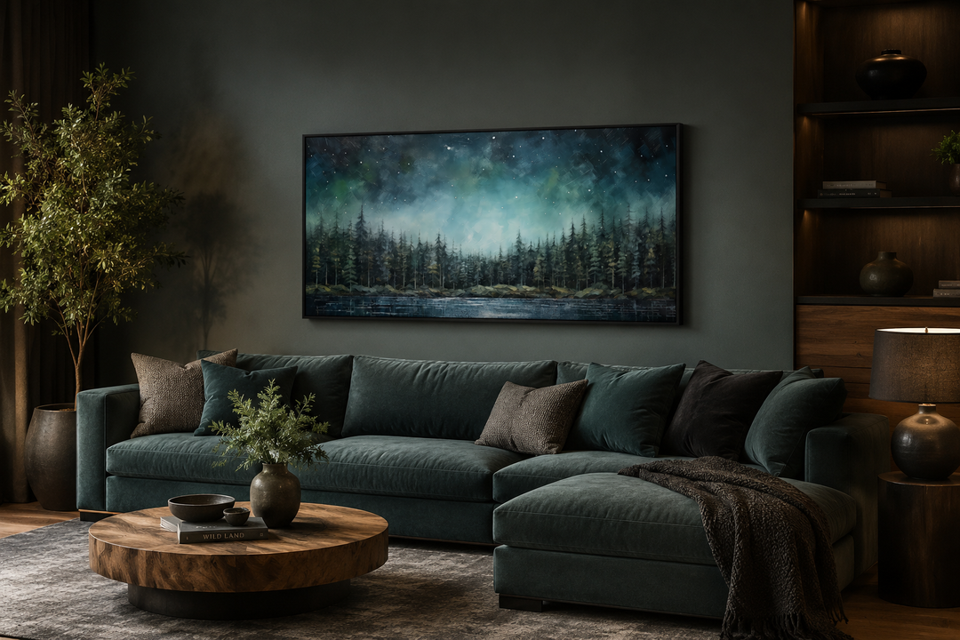 Abstract starry sky over a green fir forest and tranquil lake canvas art in a dark living room.