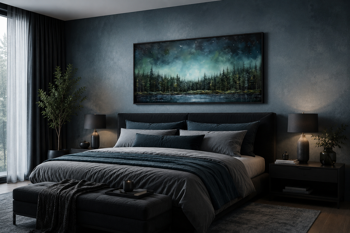 Abstract starry sky over a green fir forest and tranquil lake canvas wall art in a dark bedroom.
