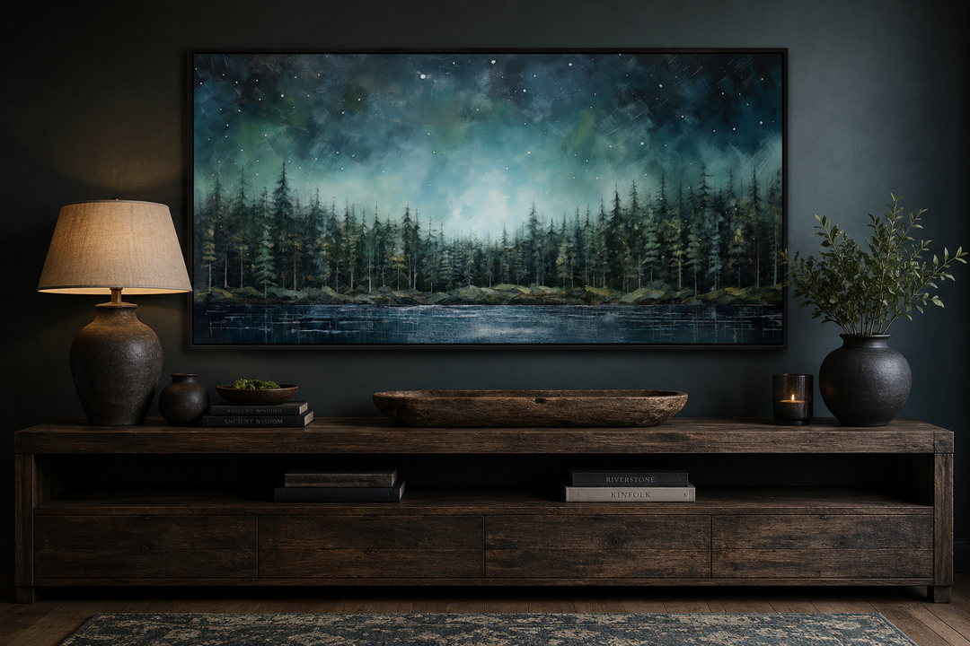 Abstract canvas art of a starry night sky over a green fir forest and tranquil lake.