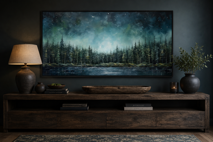 Abstract canvas art of a starry night sky over a green fir forest and tranquil lake.