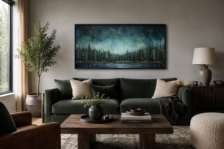 Abstract starry sky over a sage green fir forest and lake canvas wall art in a modern living room.