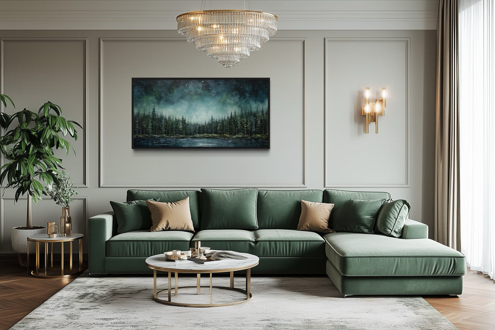 Abstract Starry Sky Wall Art - Green Fir Forest Canvas | Tranquil Lake Decor